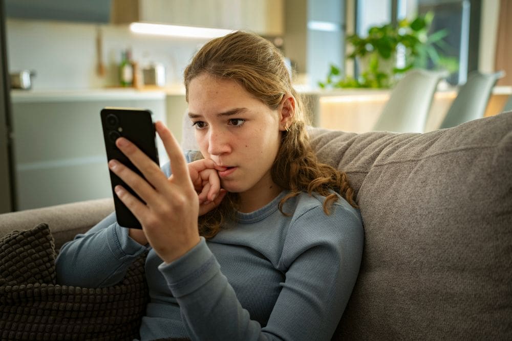Portrait of a nervous teen girl looking at her smartphone biting her nails worried about bad news