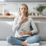 A woman practicing breathing exercises.